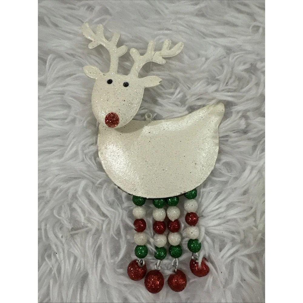Vintage Pier 1 White Glitter Reindeer Bobble Head Red And White Dangle Legs